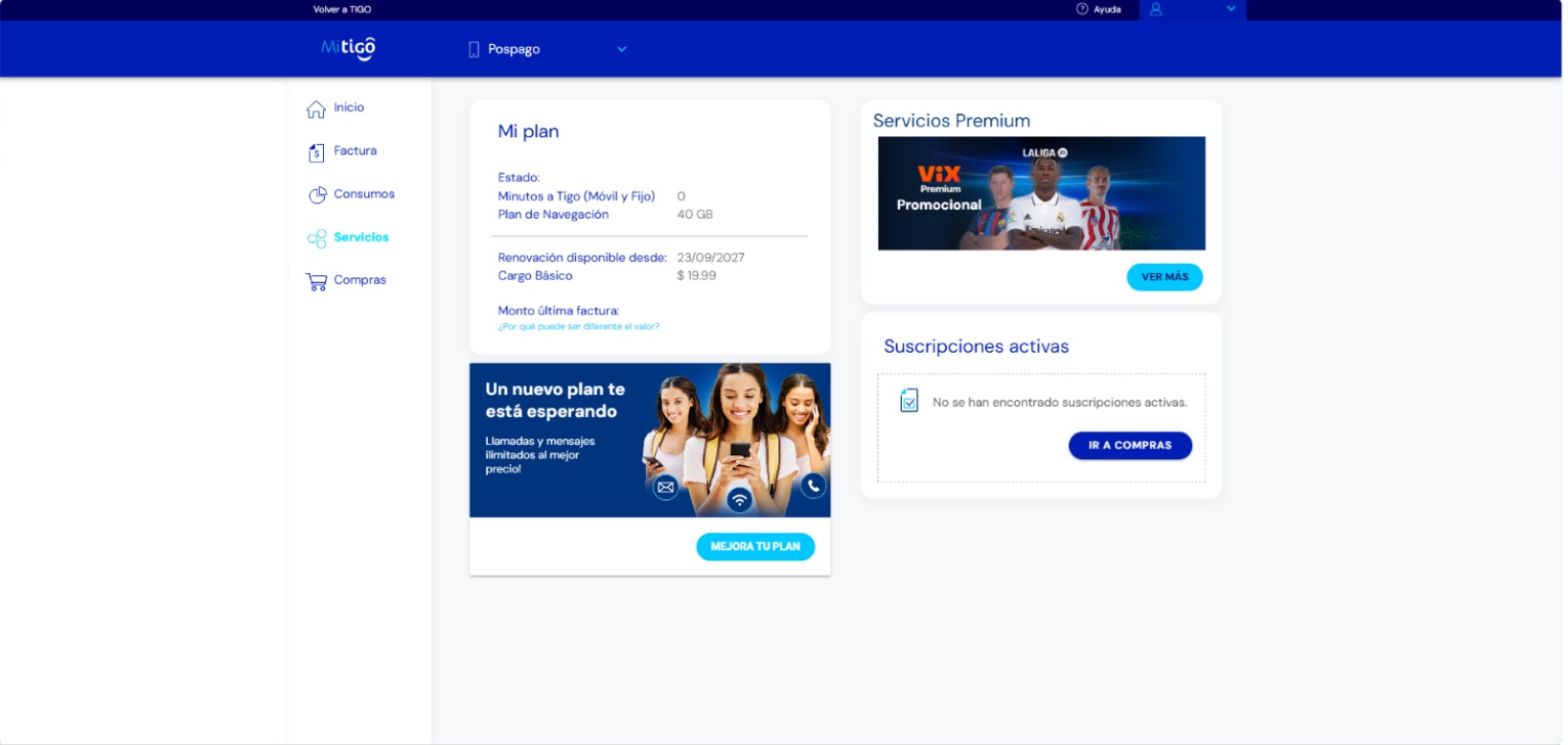 Mi Tigo Web: sección Servicios Premium